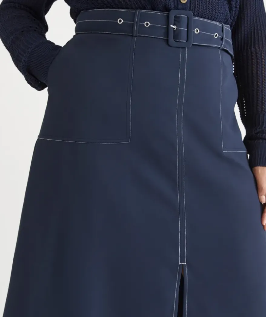 Belted A-Line Midi Skirt