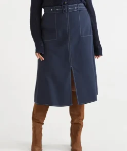 Belted A-Line Midi Skirt