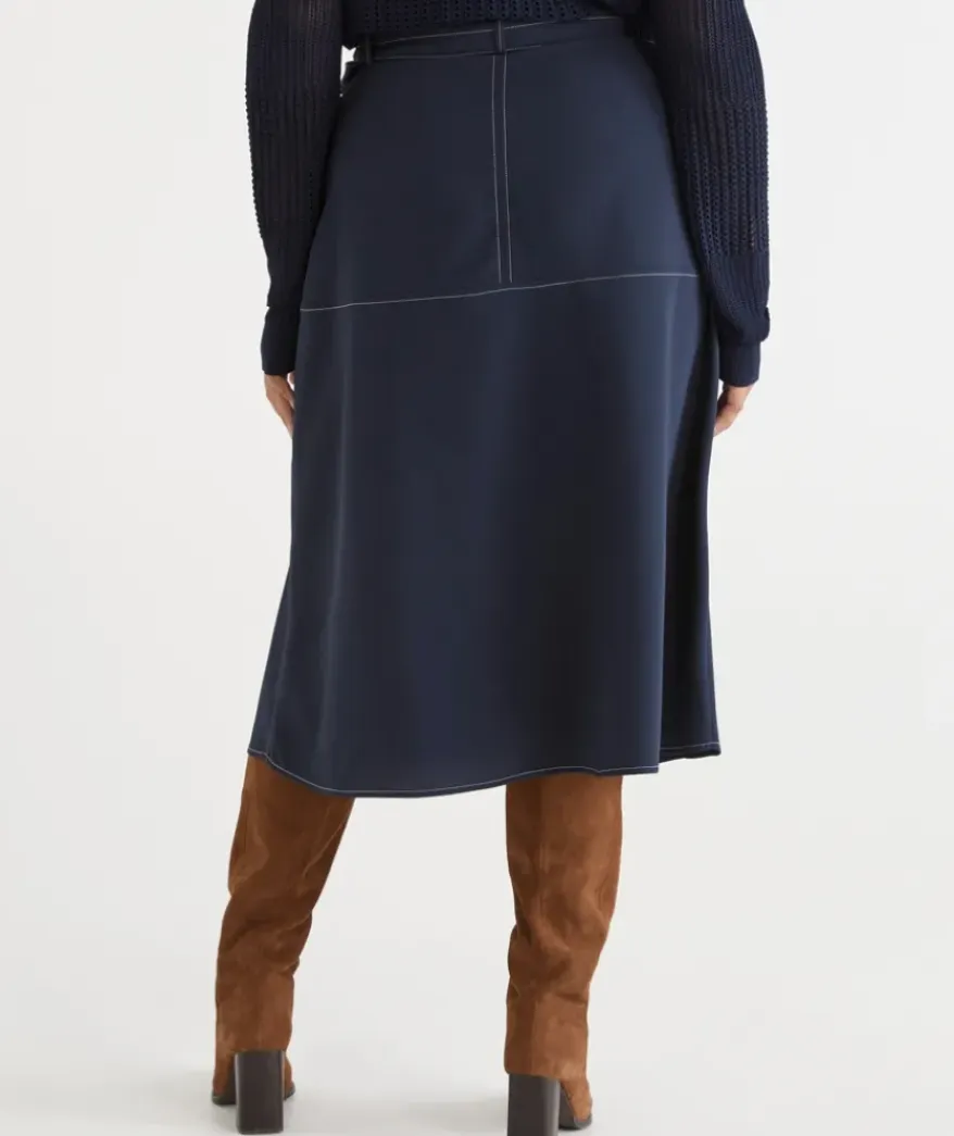 Belted A-Line Midi Skirt