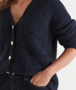 Boucle Longline V Neck Cardigan - Ink