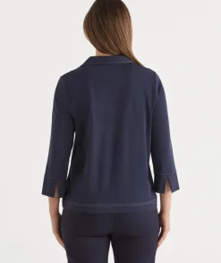 Contrast Stitch Collared 3/4 Sleeve Top