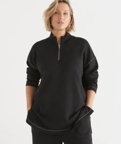 Contrast Stitch Quarter-Zip Jumper - Black