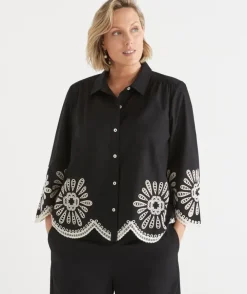 Embroidered Scallop Hem Shirt - Black