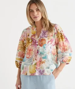 Floral Brights Trim Neck 3/4 Sleeve Linen Top
