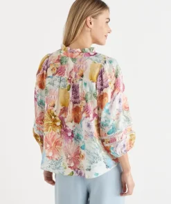 Floral Brights Trim Neck 3/4 Sleeve Linen Top
