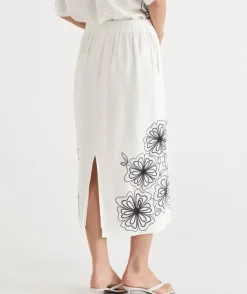 Floral Embroidered Column Skirt - White