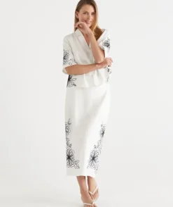 Floral Embroidered Column Skirt - White