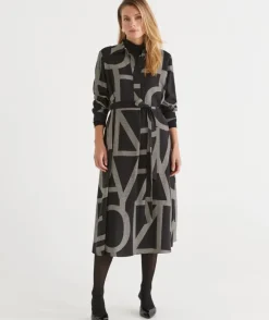 Geometric Print Popover Midi Dress - Black