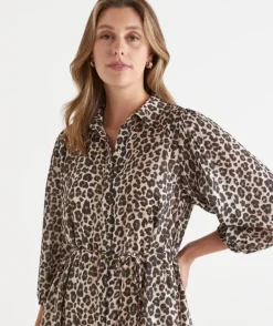 Leopard Print Belted Midi Shirt Dress