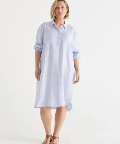 Linen Stripe Midi Shirt Dress