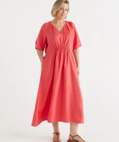 Linen V Neck Shirred Short Sleeve Midi Dress