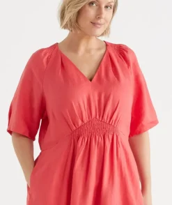 Linen V Neck Shirred Short Sleeve Midi Dress