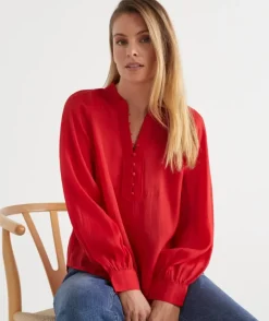 Long Sleeve Button Detail Blouse - Red