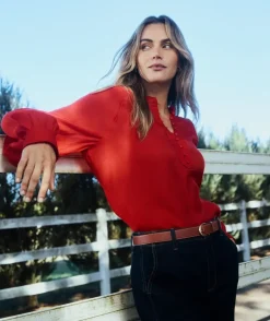 Long Sleeve Button Detail Blouse - Red