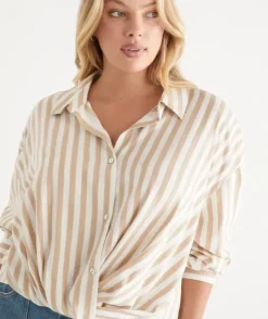 Long Sleeve Front Knot Stripe Shirt