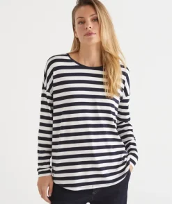 Long Sleeve Stripe Pleat Back Top - Ink