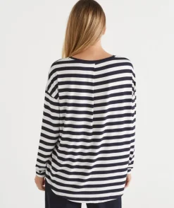 Long Sleeve Stripe Pleat Back Top - Ink