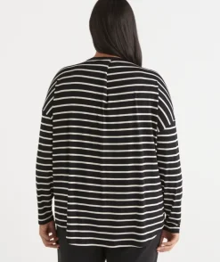 Long Sleeve Stripe Pleat Back Tee - Black/Natural