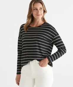Long Sleeve Stripe Pleat Back Tee - Black/White