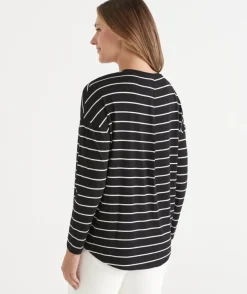 Long Sleeve Stripe Pleat Back Tee - Black/White
