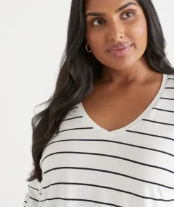 Long Sleeve V Neck Stripe Pleat Back Tee - Navy/White