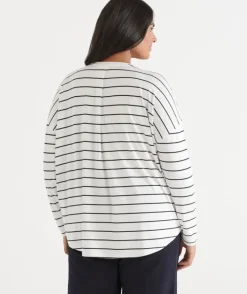 Long Sleeve V Neck Stripe Pleat Back Tee - Navy/White
