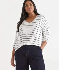 Long Sleeve V Neck Stripe Pleat Back Tee - Navy/White