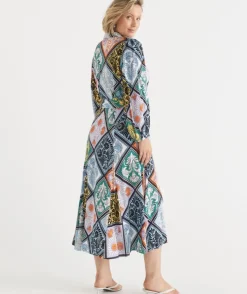 Mosaic Print Long Sleeve Midi Shirt Dress