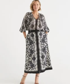 Noir Bloom Button Midi Skirt