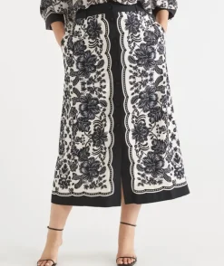 Noir Bloom Button Midi Skirt