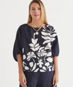 Palm Print 3/4 Sleeve Top - Midnight