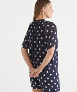 Polka Dot Gathered Neck Blouse