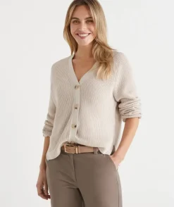 Ribbed V Neck Knit Cardigan - Cream