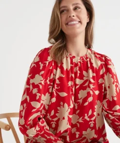 Silhouette Floral Print Long Sleeve Top - Red