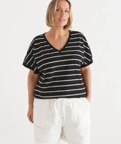 Slub Stripe Dolman V Neck T-Shirt - Black