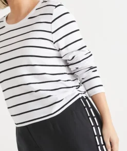 Slub Stripe Long Sleeve Ruched Top