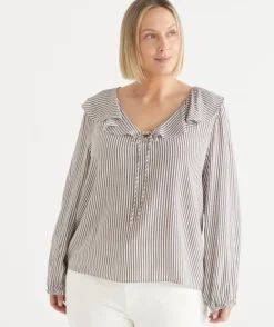 Stripe Frill Detail Long Sleeve Blouse