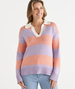 Stripe Knit Rugby Polo Jumper - Lilac