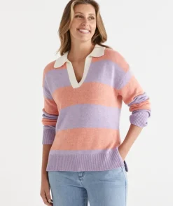 Stripe Knit Rugby Polo Jumper - Lilac