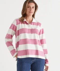 Stripe Long Sleeve Polo Rugby Top - Pink
