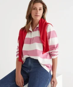 Stripe Long Sleeve Polo Rugby Top - Pink