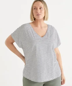 Stripe Slub V Neck T-Shirt