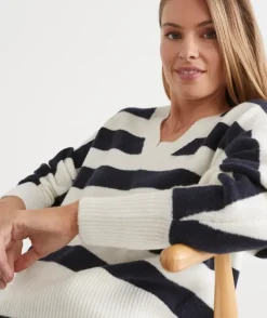 Stripe V Neck Jumper - Ink/White