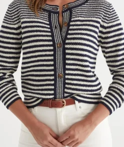 Striped Crew Neck Cardigan - Ink/White