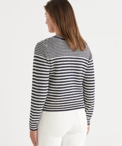 Striped Crew Neck Cardigan - Ink/White