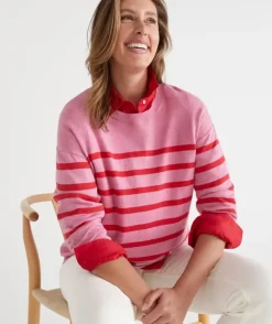 Striped Crew Neck Knit Jumper - Red/Pink