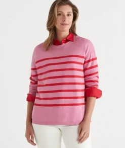 Striped Crew Neck Knit Jumper - Red/Pink