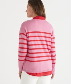 Striped Crew Neck Knit Jumper - Red/Pink