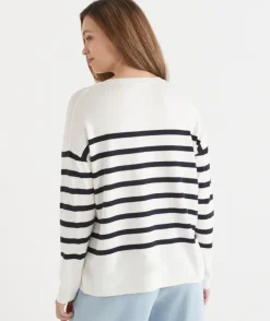 Striped Crew Neck Knit Jumper - Cream/Ink