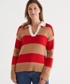 Striped Knit Rugby Polo Jumper - Red